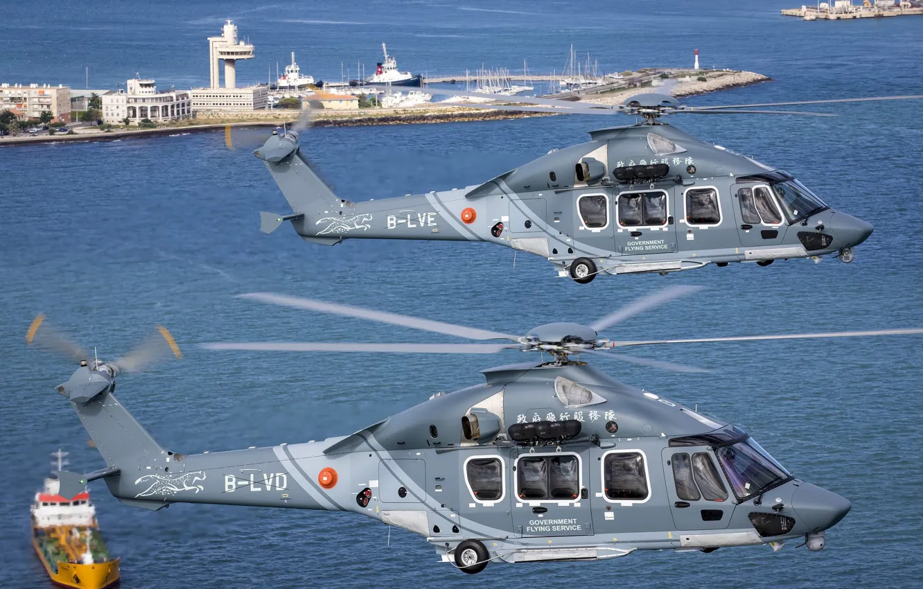Photo wallpaper Hong Kong, Port, Helicopter, Ships, Airbus, Airbus Helicopters, Airbus Helicopters H175, H175