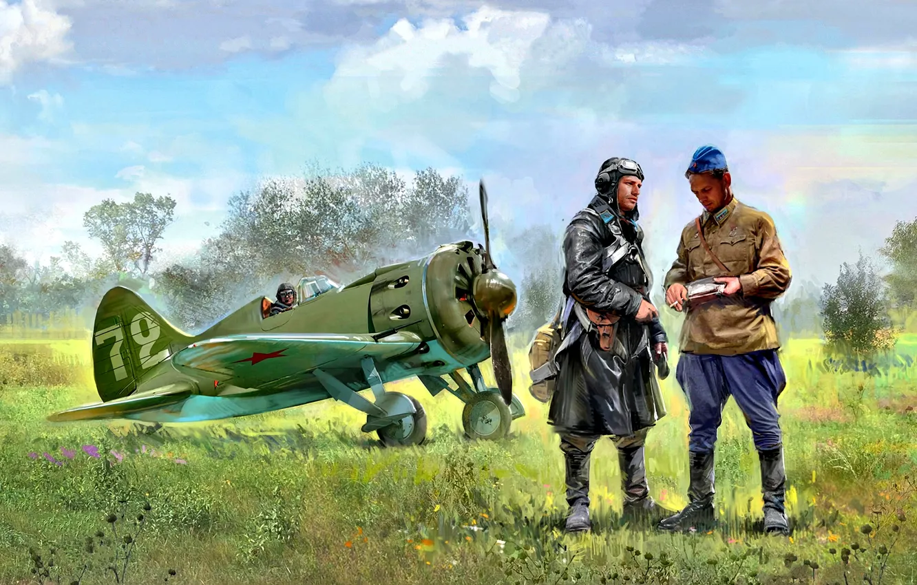 Photo wallpaper Grass, fighter, -16, THE RED ARMY AIR FORCE, Pilots, Radial engine