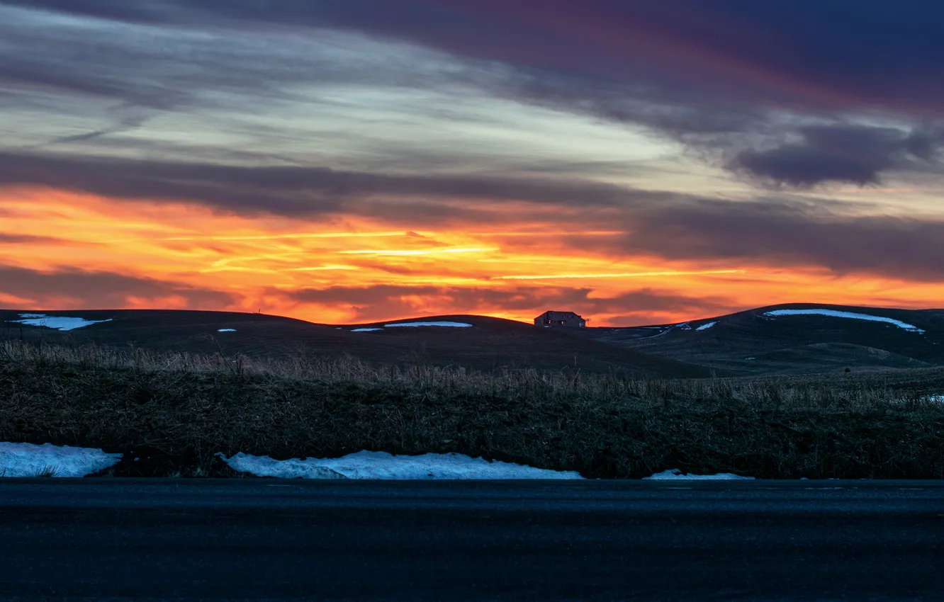 Photo wallpaper road, grass, snow, sunset, mountains, clouds, hills, dal