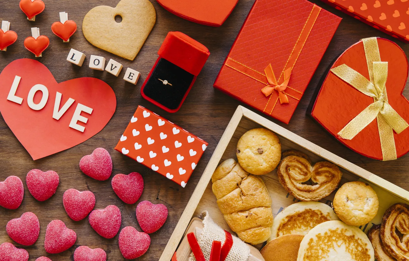 Photo wallpaper love, box, heart, Breakfast, cookies, ring, gifts, Valentine's Day