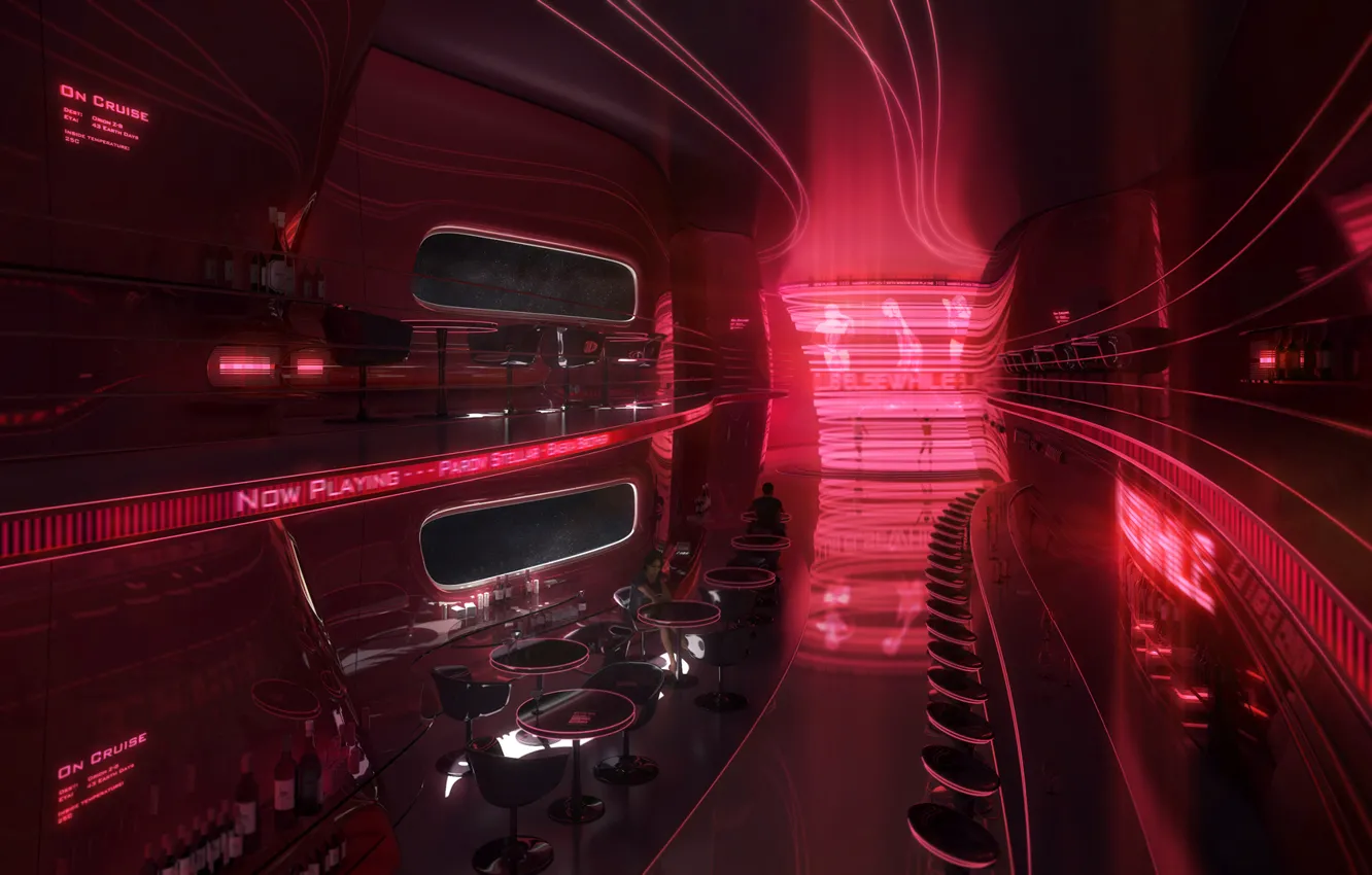 Photo wallpaper space, red, people, ship, bar, art, the window