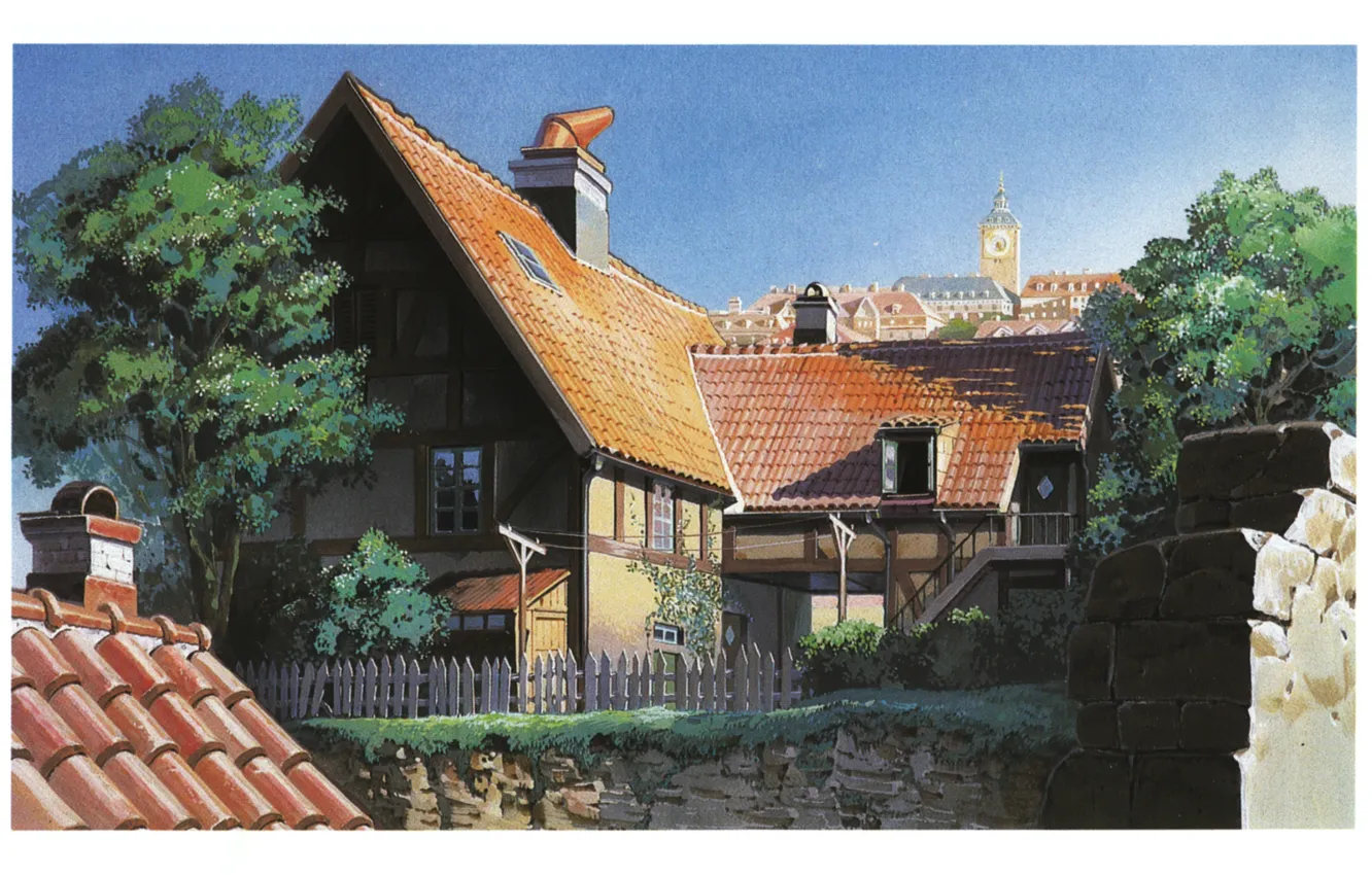 Photo wallpaper summer, trees, house, the fence, tower, roof, Kiki's delivery service, kiki`s delivery service