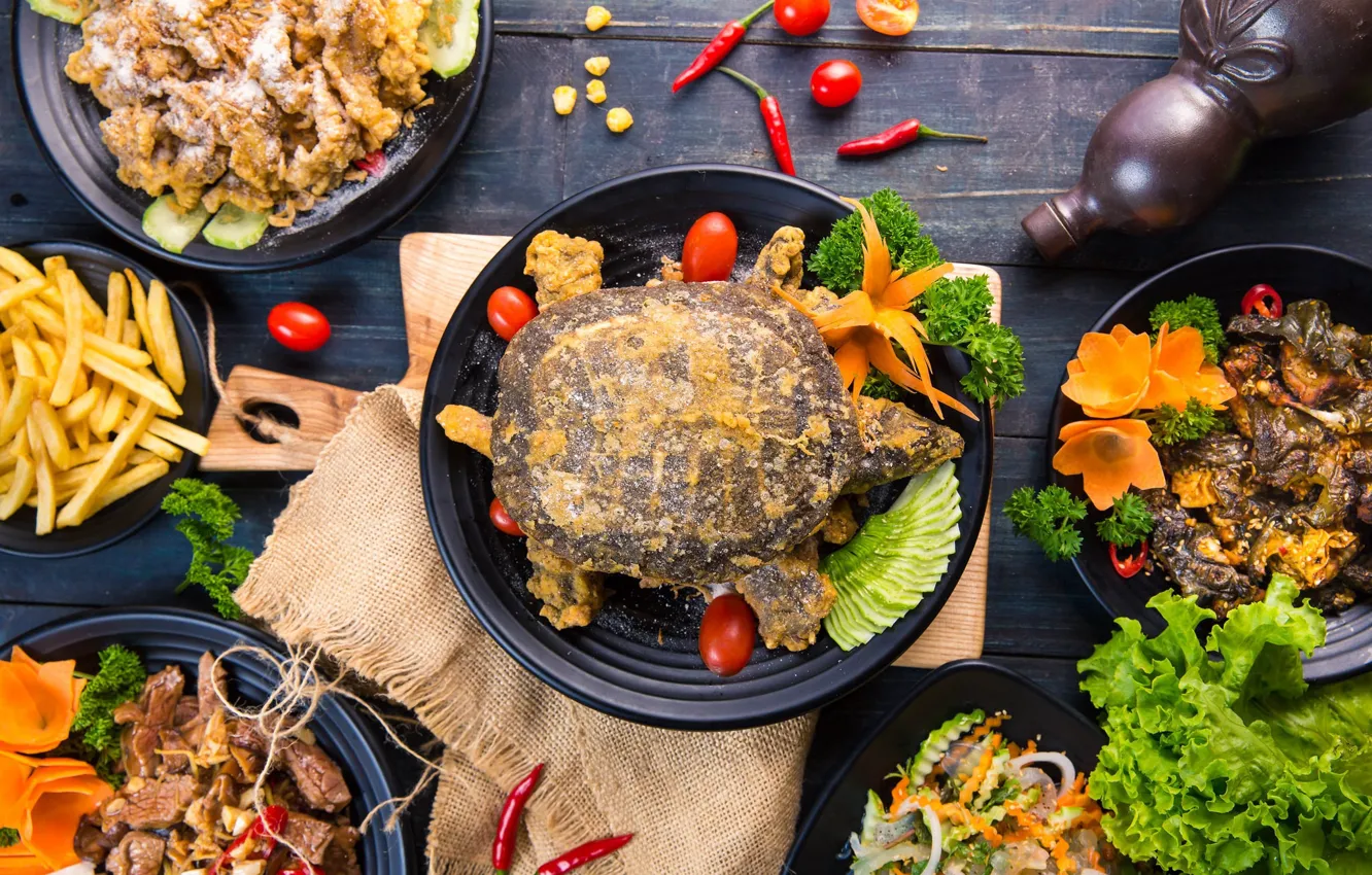 Photo wallpaper turtle, serving, Asian cuisine, salads