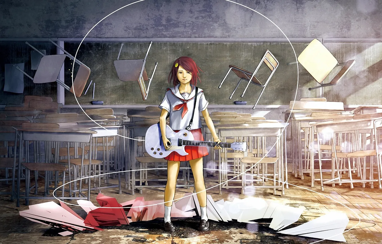 Photo wallpaper girl, guitar, art, wire, class, loundraw