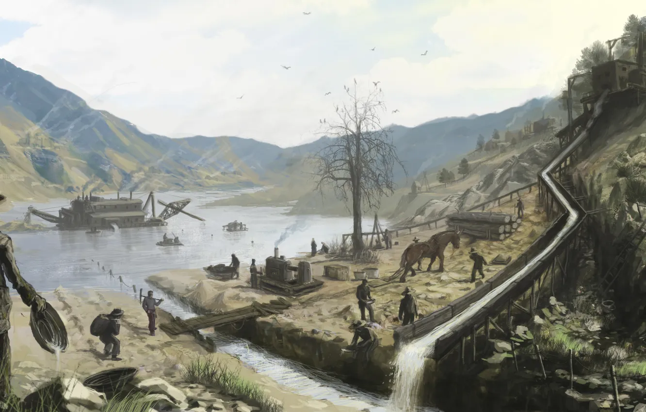 Photo wallpaper lake, people, art, cowboy, builders