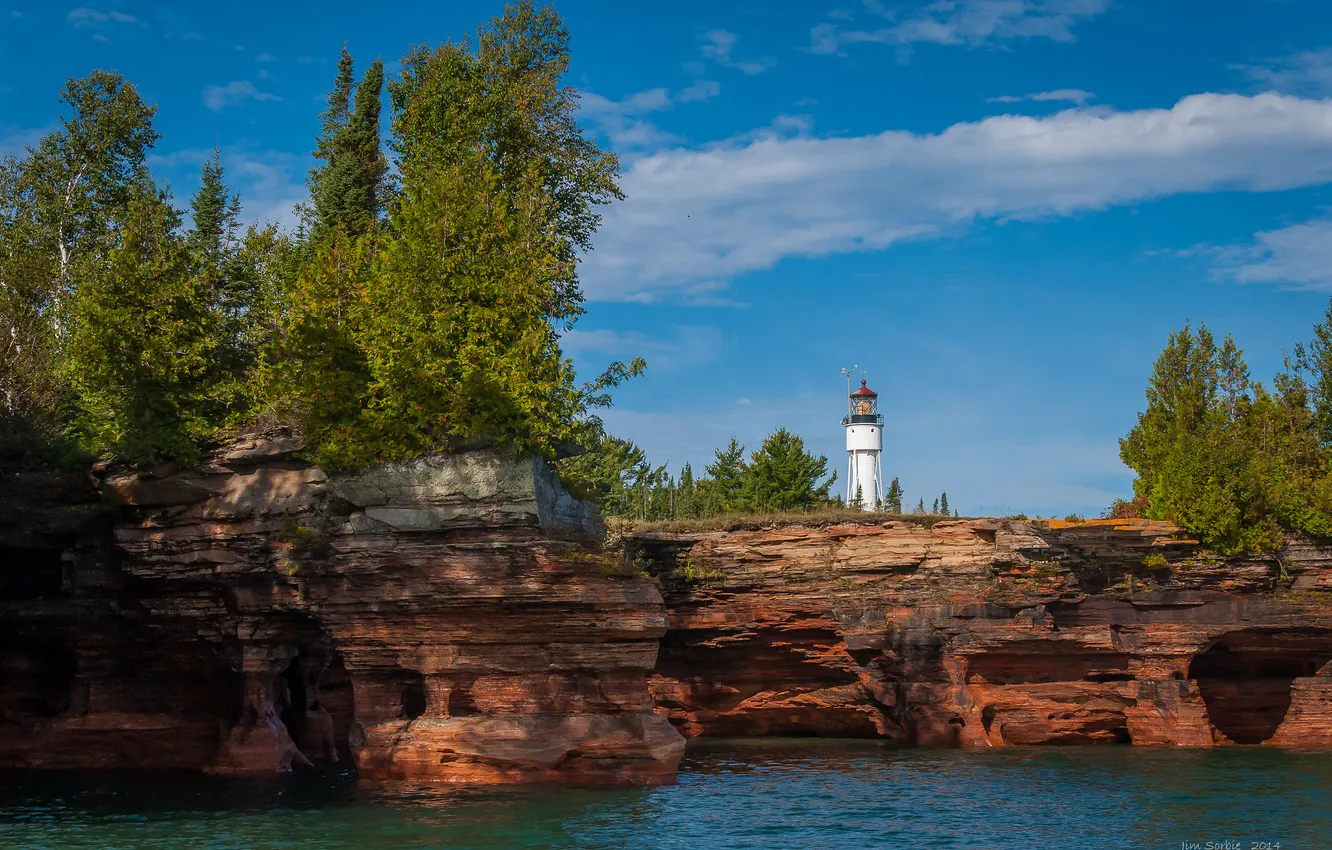 Photo wallpaper sea, the sky, trees, lake, rocks, lighthouse