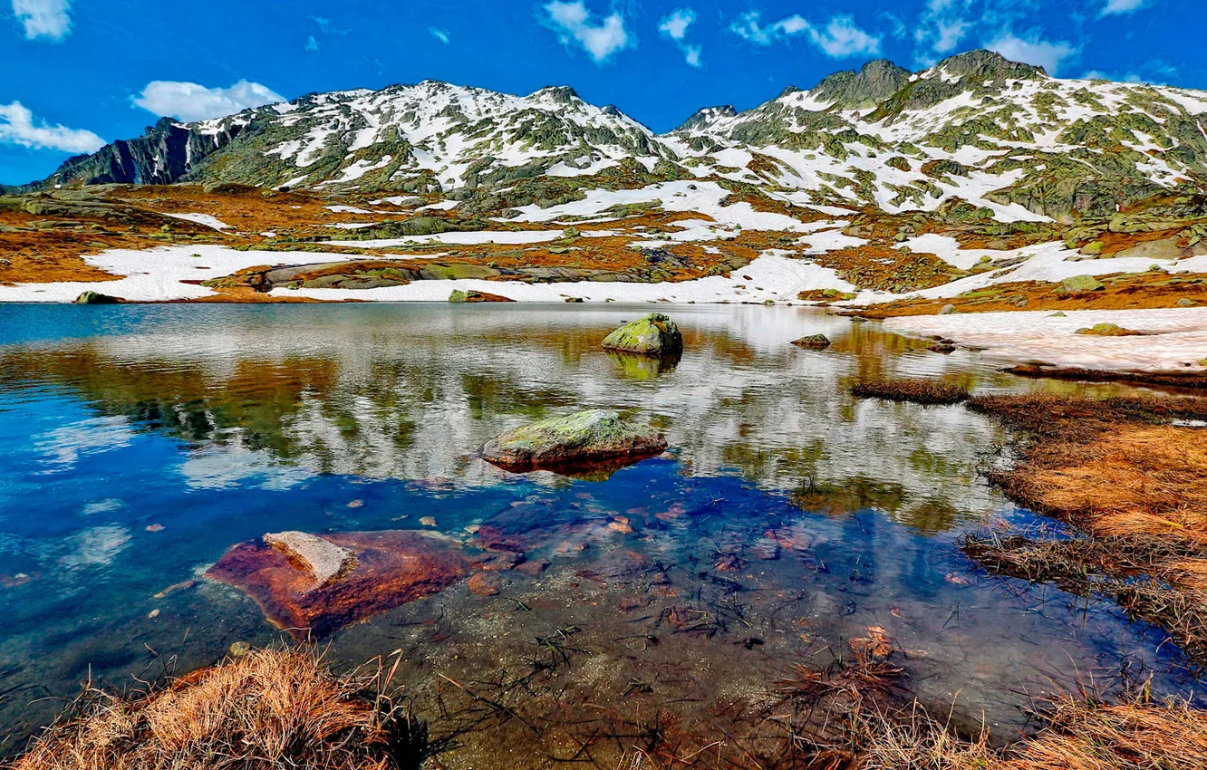 Photo wallpaper the sky, clouds, snow, mountains, lake, stones