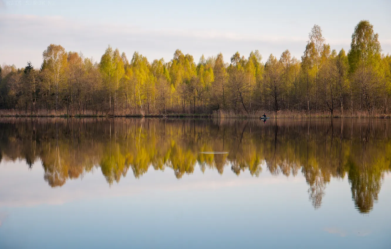 Photo wallpaper the sky, water, trees, nature, surface, reflection, foliage, boat