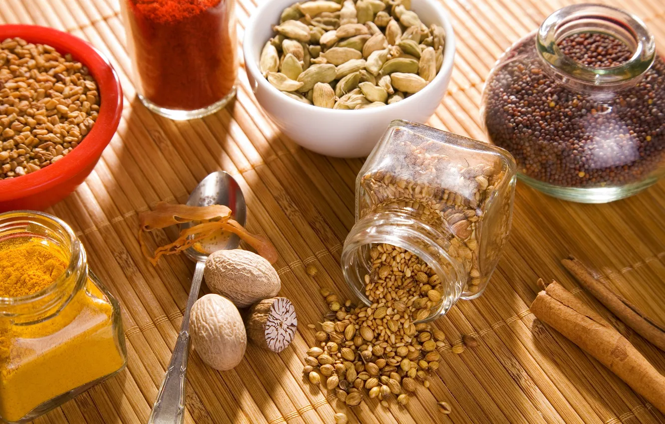 Photo wallpaper table, jars, spoon, nuts, spices, spices, seasoning, curry