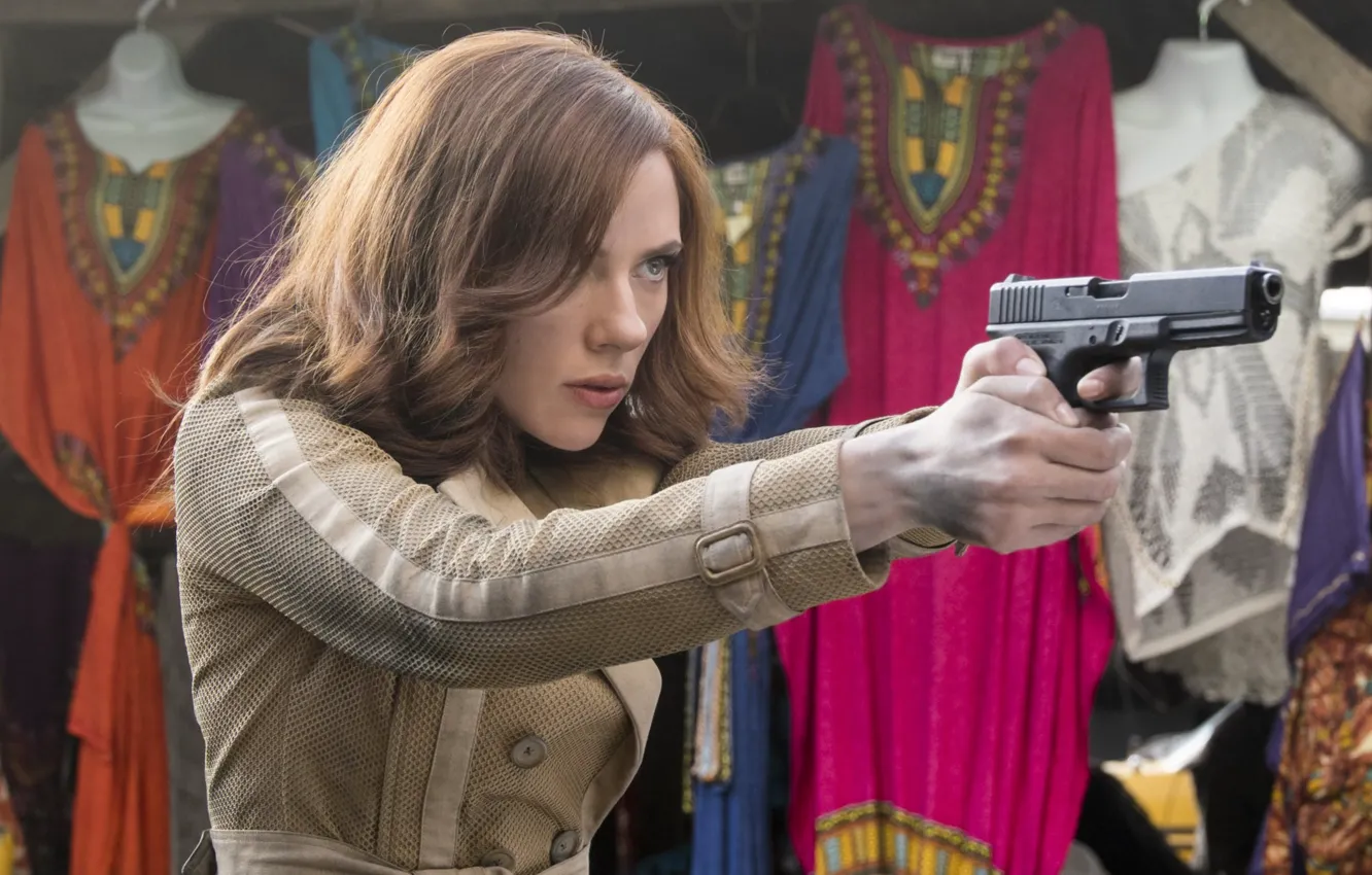 Photo wallpaper Girl, Gun, Scarlett Johansson, Girl, Weapons, Actress, Hero, Movie