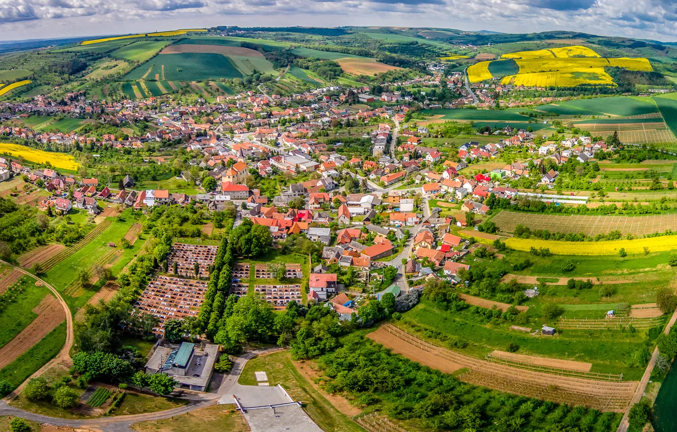 Photo wallpaper field, home, Czech Republic, the view from the top, Zlinsky kraj, Borsice