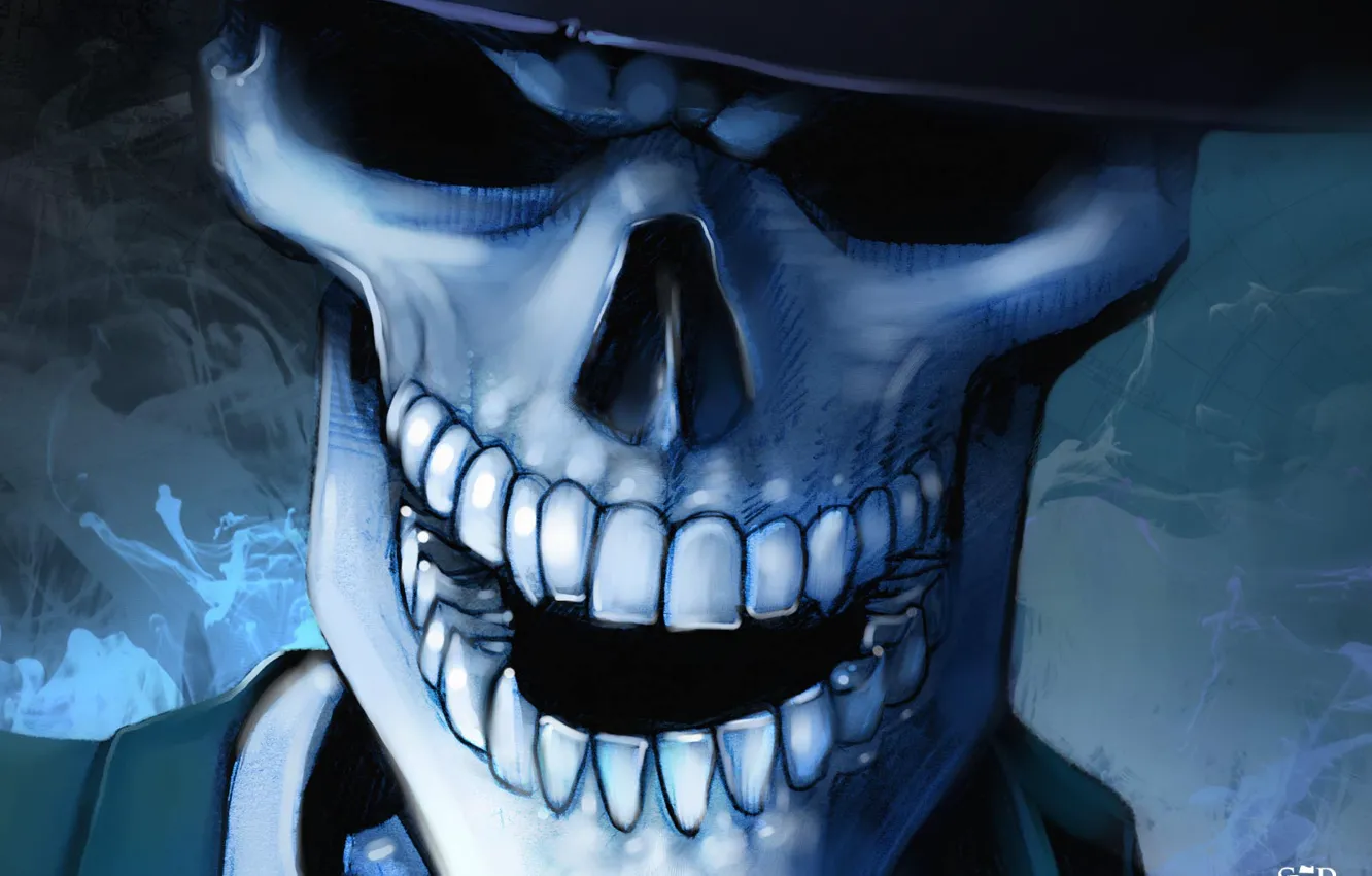 Photo wallpaper blue, teeth, hat, Skull