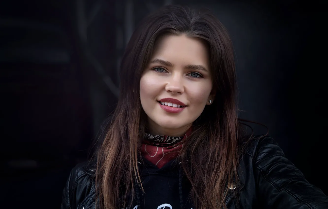 Photo wallpaper girl, smile, jacket, brown hair