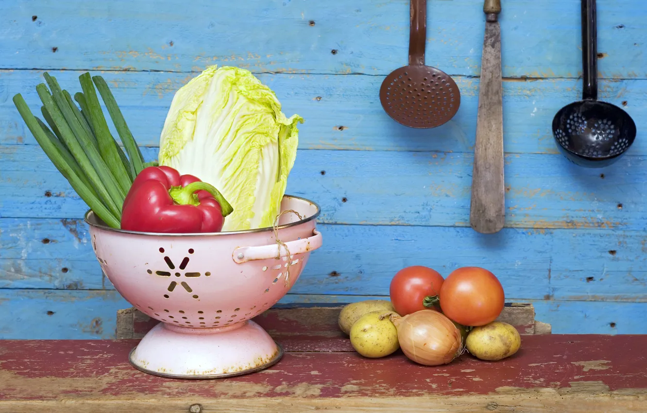 Photo wallpaper Board, bow, pepper, vegetables, tomatoes, cabbage, potatoes, inventory