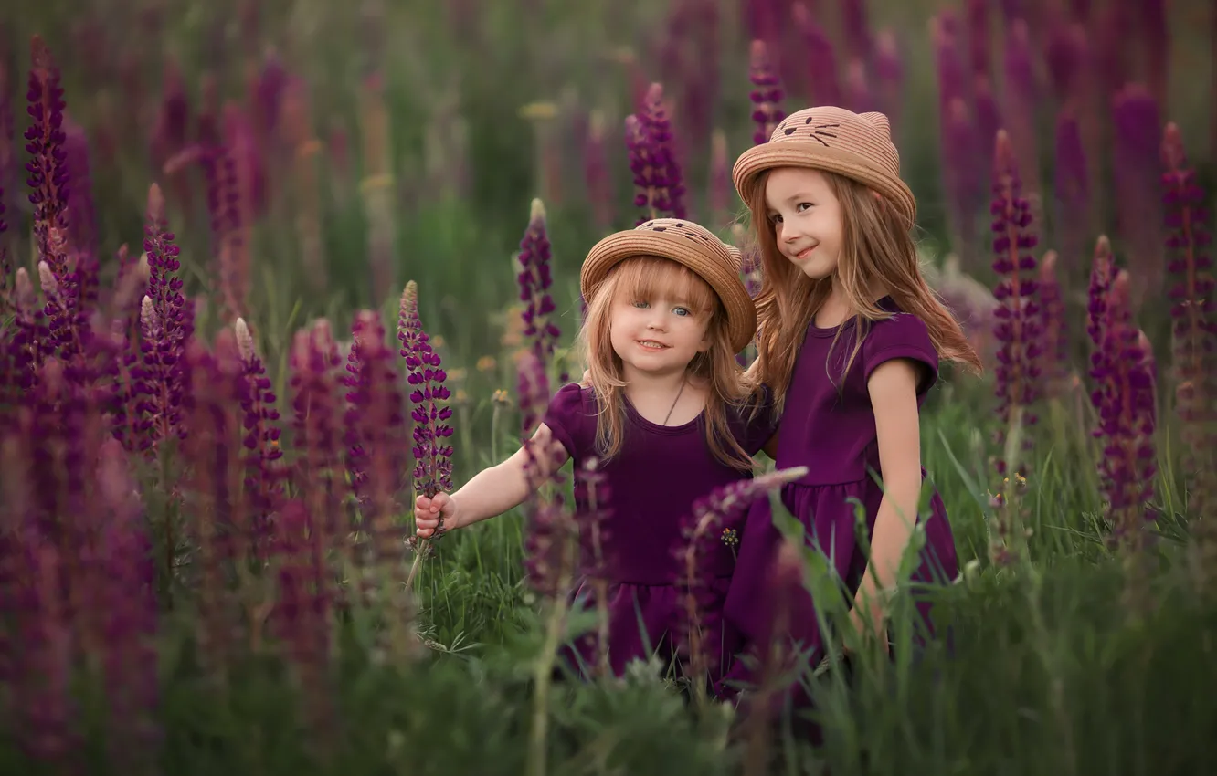 Photo wallpaper flowers, children, mood, girls, meadow, hats, lupins, two girls