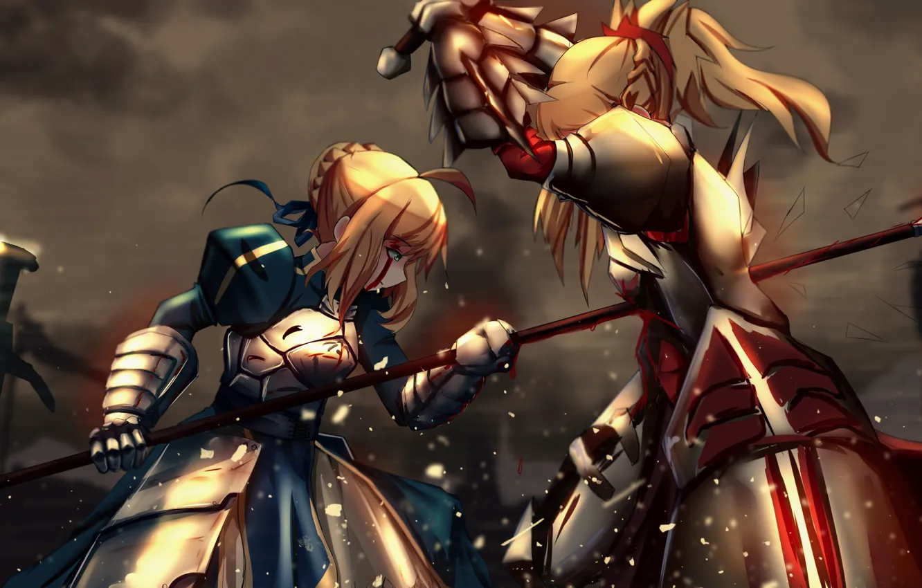 Photo wallpaper blood, armor, anime, fight, asian, manga, Saber, spear