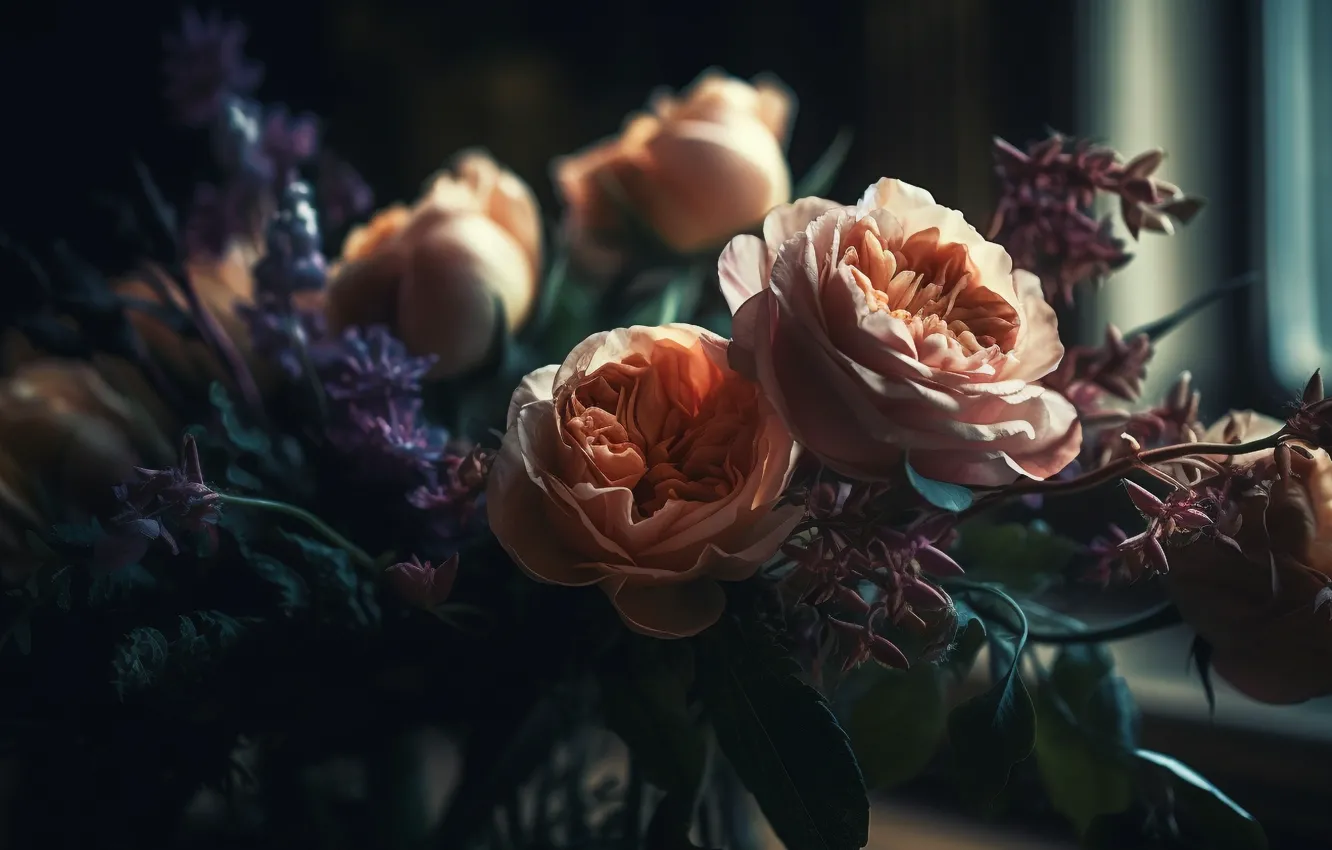 Photo wallpaper light, flowers, roses, bouquet, window, pink, different, composition