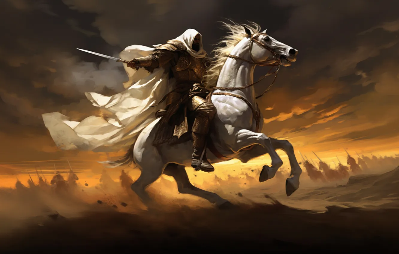 Photo wallpaper field, white, the sky, sunset, clouds, pose, weapons, horse