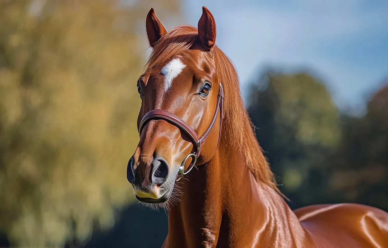 Photo wallpaper look, face, nature, horse, horse, portrait, chestnut, AI art