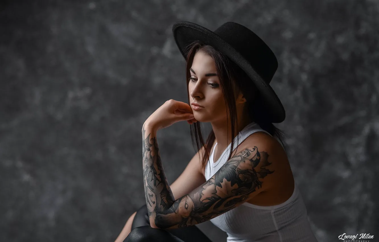 Photo wallpaper girl, face, pose, background, mood, portrait, hat, hands