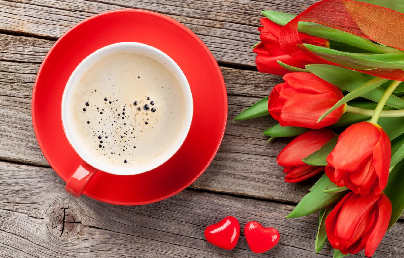 Photo wallpaper love, flowers, gift, coffee, bouquet, Cup, tulips, red