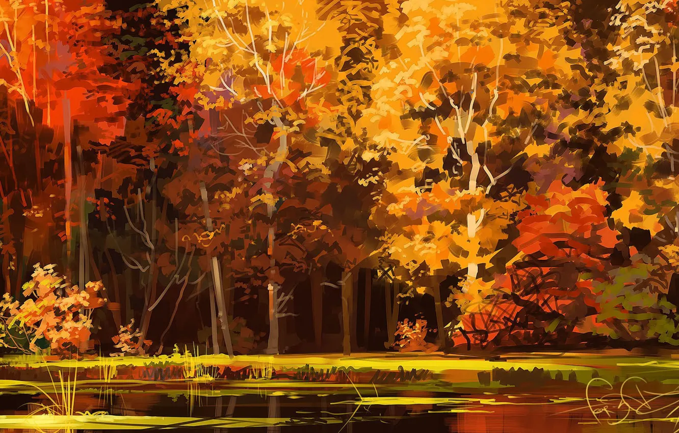 Photo wallpaper autumn, forest, trees, lake, art