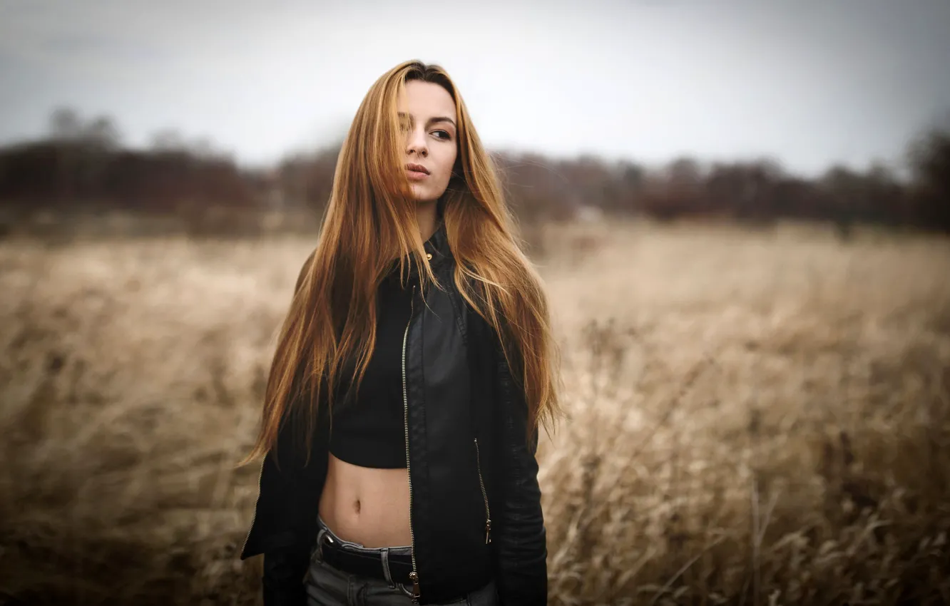 Photo wallpaper field, girl, pose, model, portrait, jeans, makeup, jacket