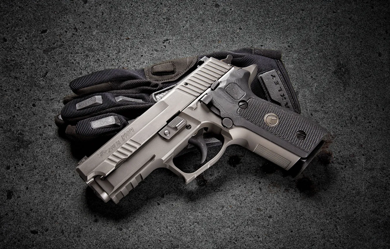 Photo wallpaper gun, background, glove, Sig Sauer P229 Legion