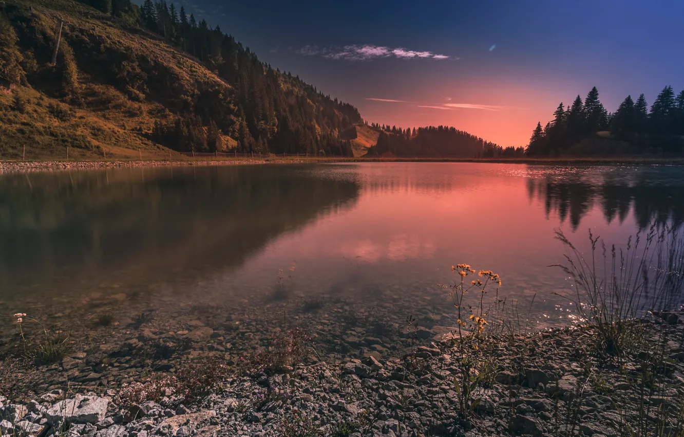 Photo wallpaper landscape, sunset, mountains, nature, lake