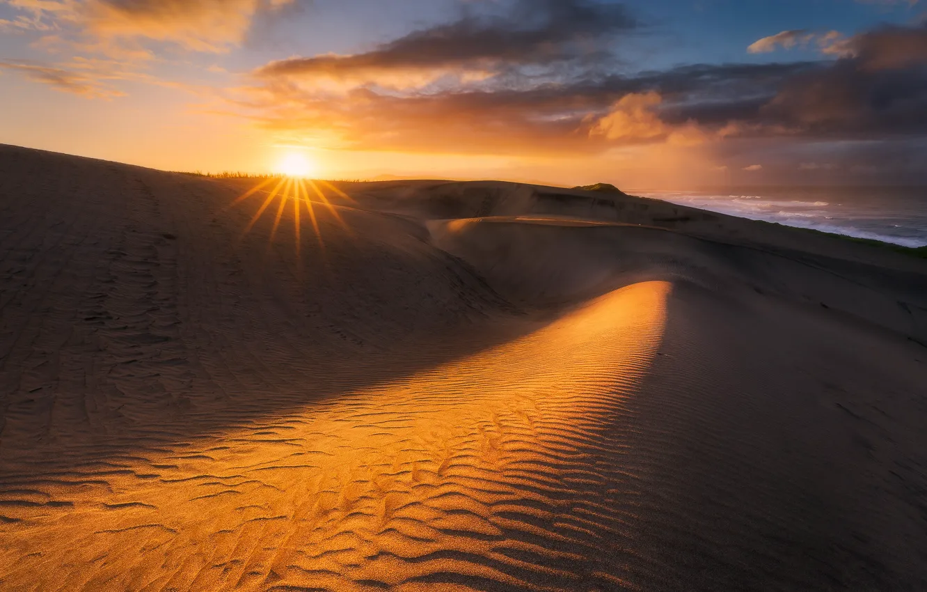 Photo wallpaper sand, the sky, the sun, clouds, rays, light, sunset, the dunes