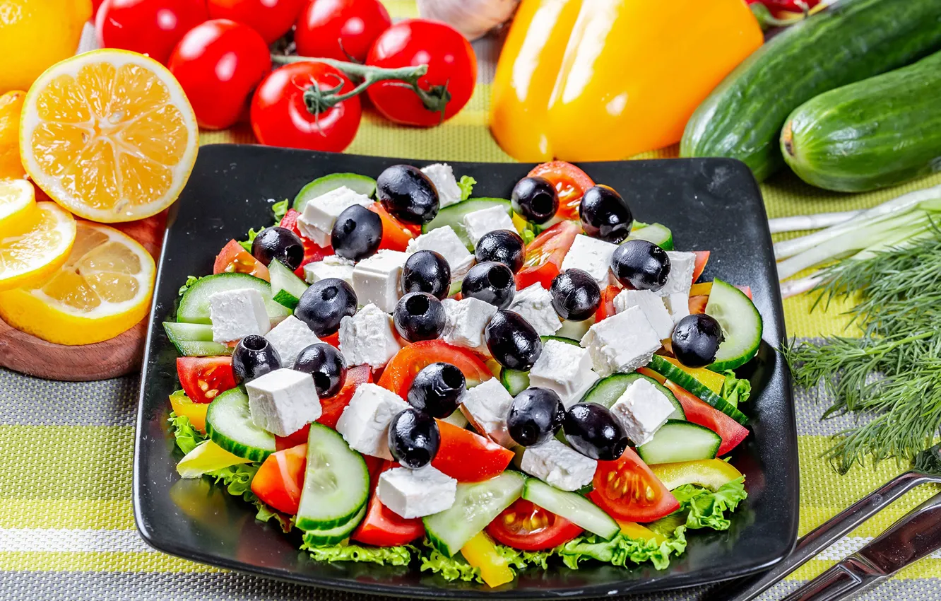 Photo wallpaper olives, pepper, tomatoes, vegetables, salad, orange