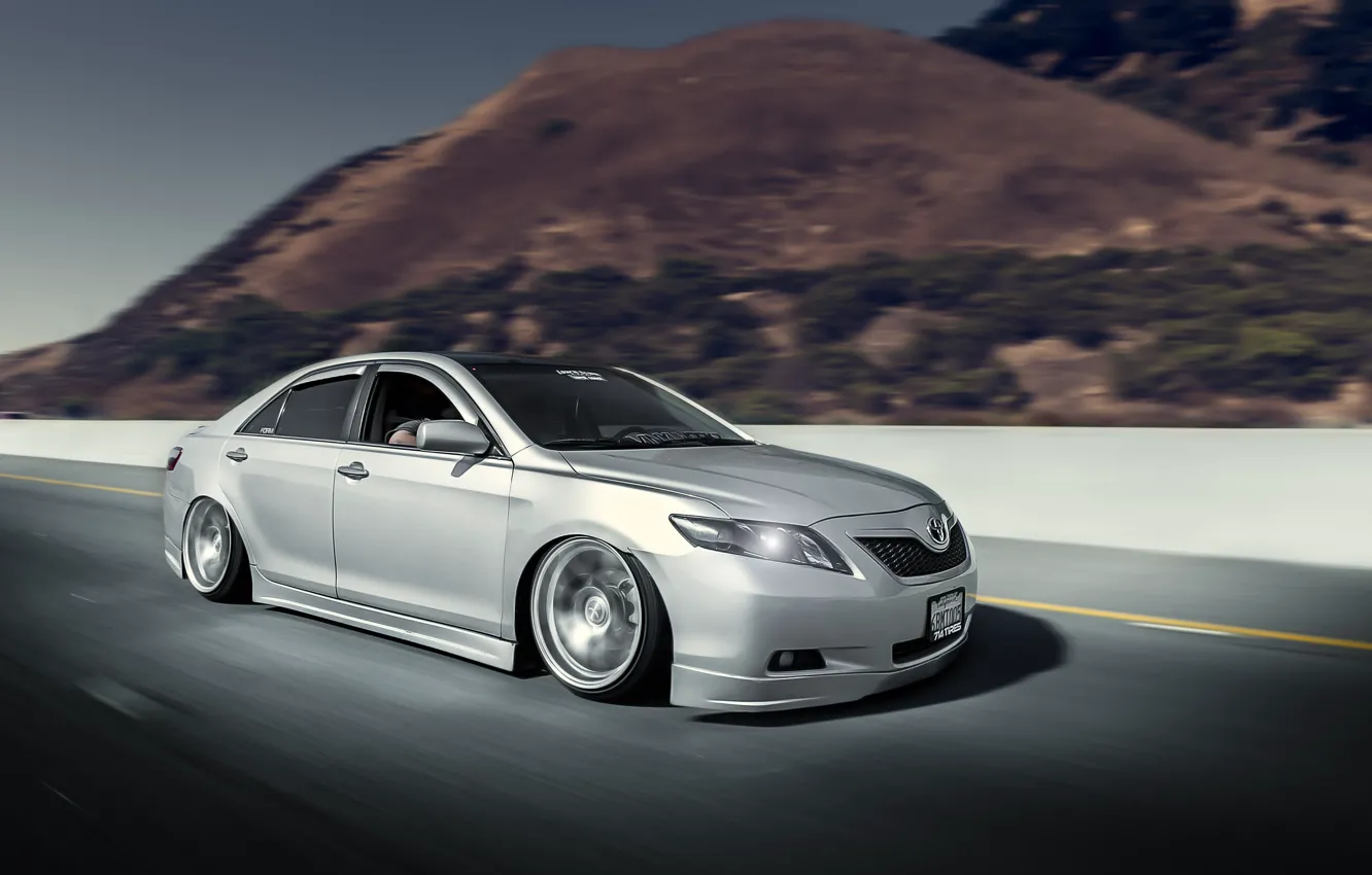 Photo wallpaper road, speed, silver, Toyota, sedan, Toyota, in motion, Camry