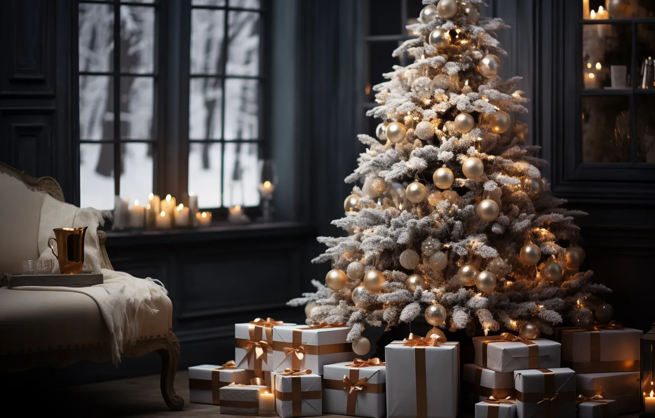 Photo wallpaper decoration, room, gift, tree, new year, interior, Christmas, Christmas