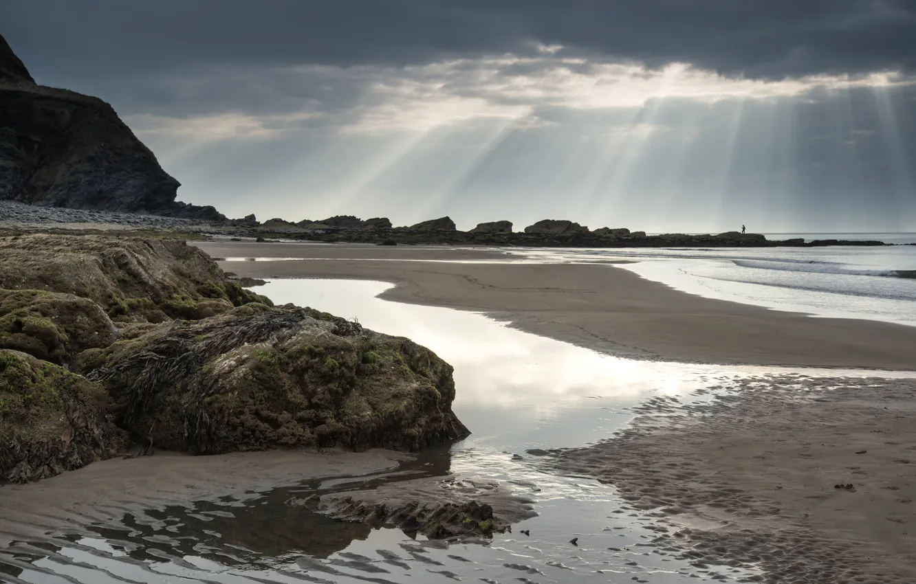 Photo wallpaper sand, sea, the sky, clouds, stones, coast, UK, rays of light