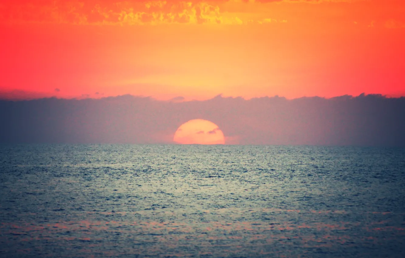 Photo wallpaper sea, sunset, orange sky, horizon clouds