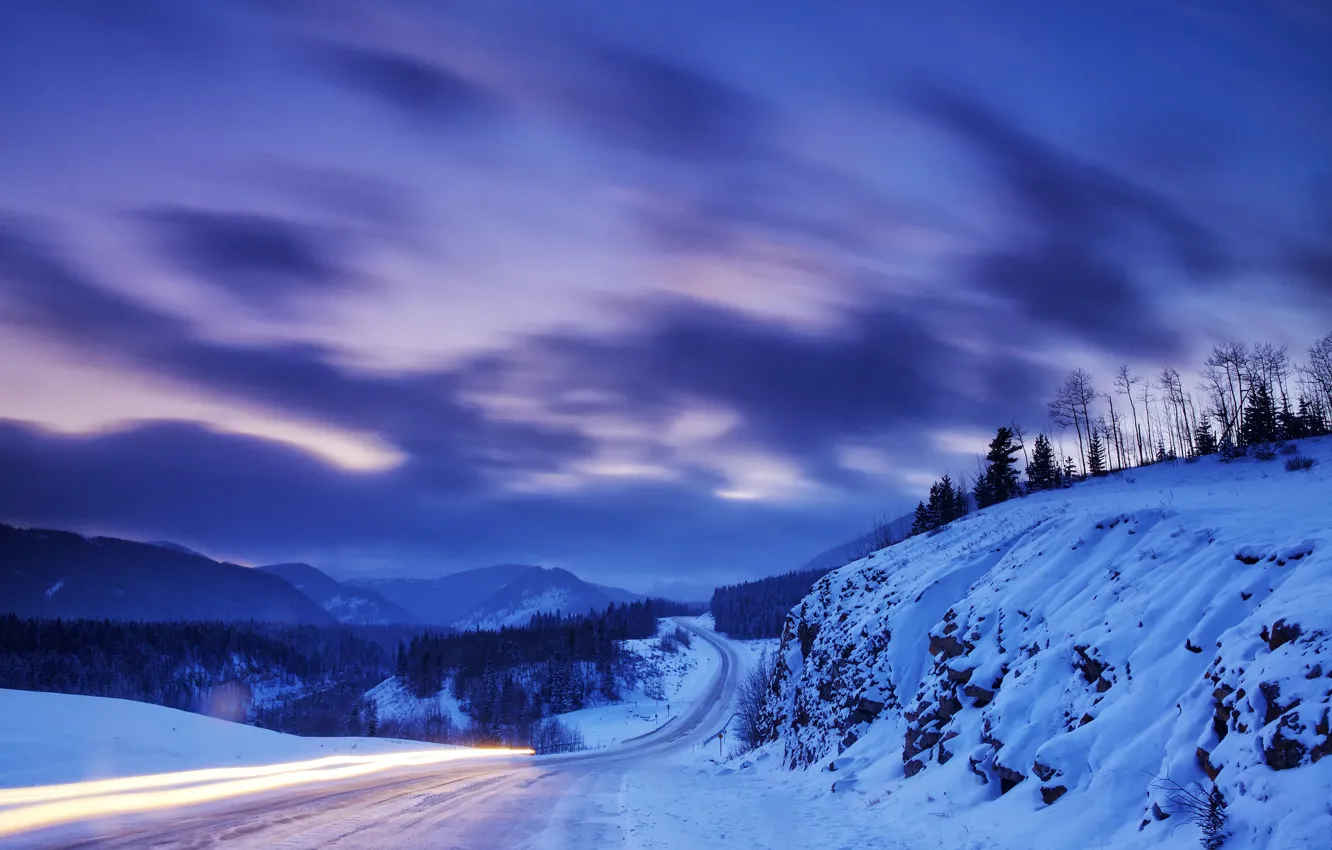 Photo wallpaper winter, road, snow, mountains, nature, Canada, Albert