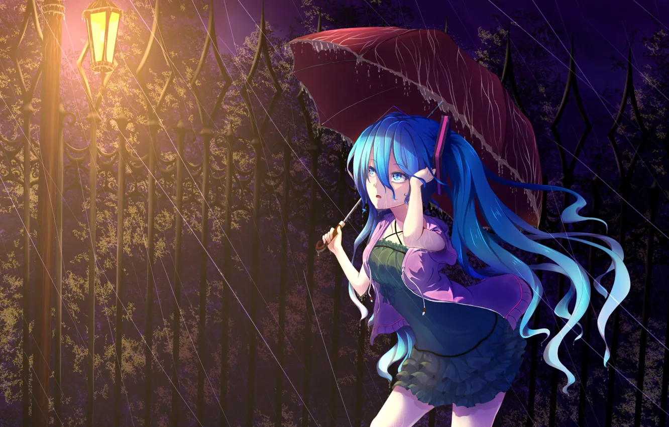 Photo wallpaper girl, night, rain, surprise, umbrella, lantern, vocaloid, hatsune miku