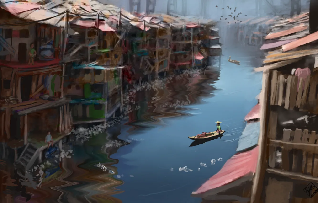 Photo wallpaper birds, river, people, boat, home, hat, art, channel