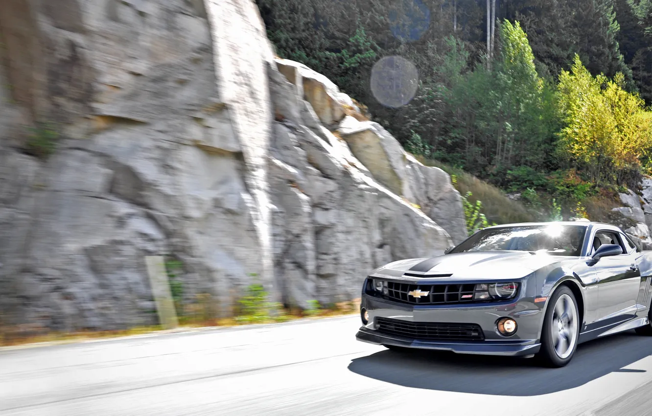 Photo wallpaper speed, track, highway, muscle car, Sunny day, muscle car, riding, Chevrolet Camaro SS