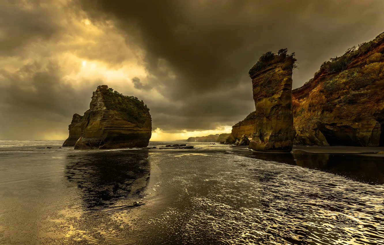 Photo wallpaper sea, the sky, clouds, rocks, shore, the evening