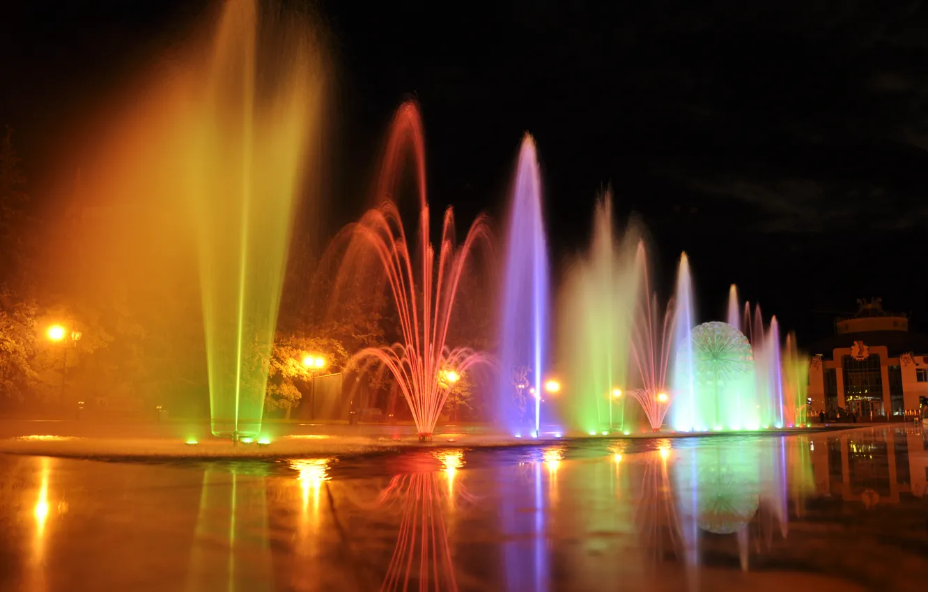Photo wallpaper water, night, lights, fountain