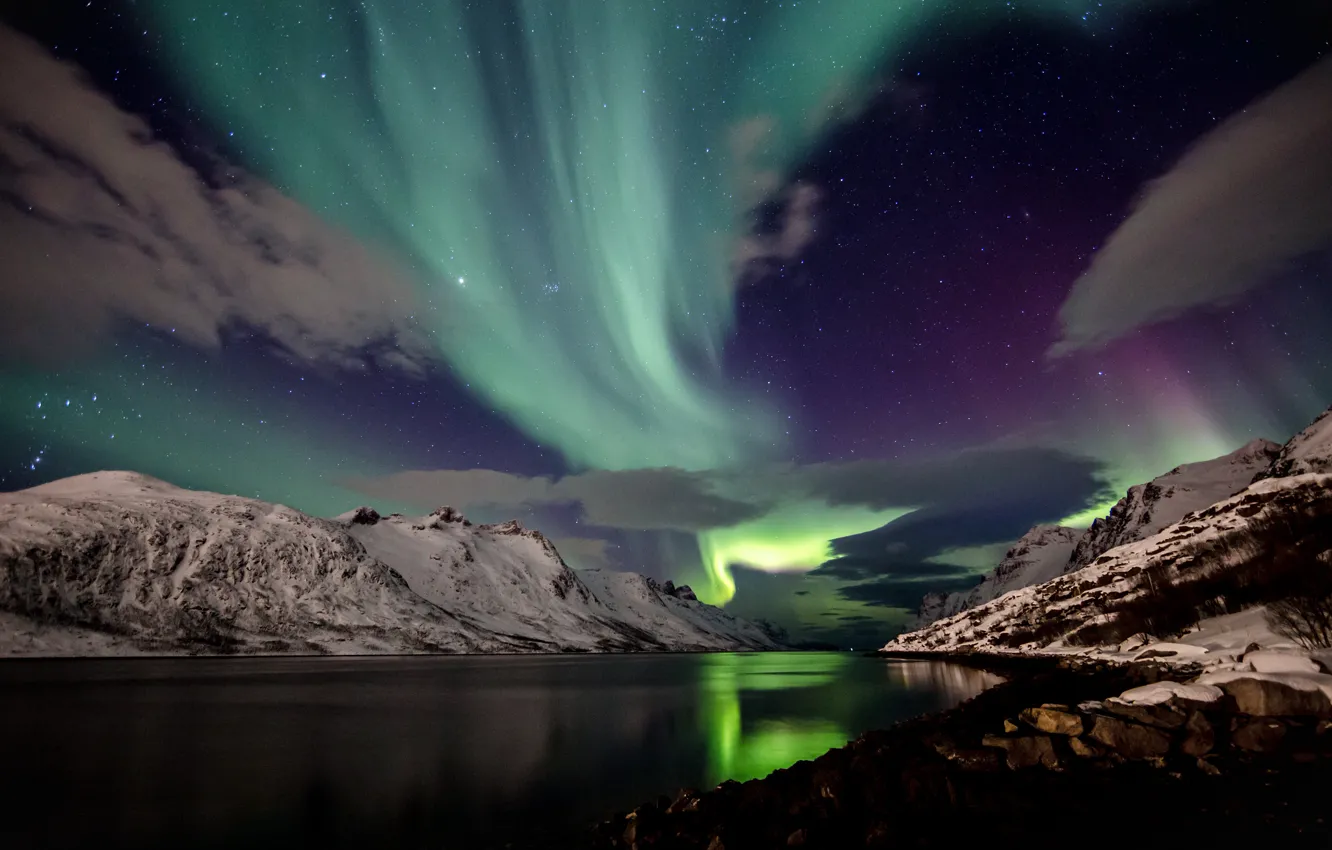 Photo wallpaper the sky, snow, mountains, night, Northern lights, Iceland