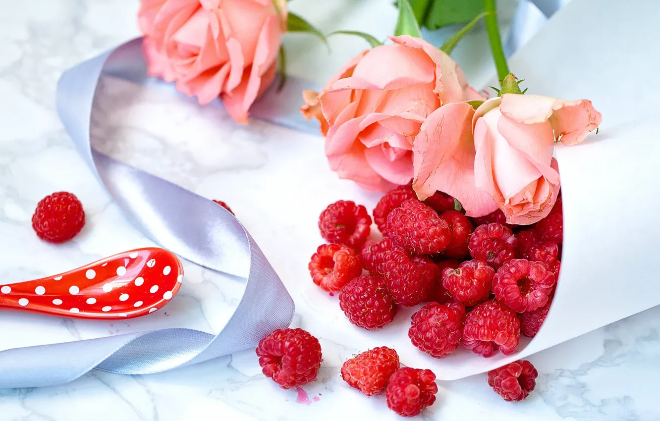 Photo wallpaper flowers, style, berries, raspberry, roses, tape, still life