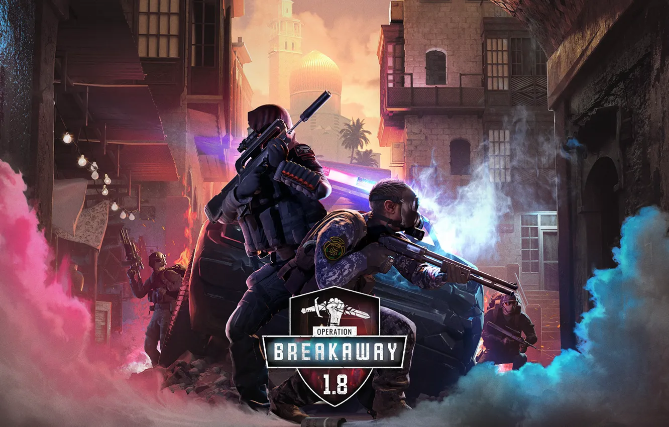 Photo wallpaper machine, weapons, street, smoke, soldiers, machine, gas mask, logo