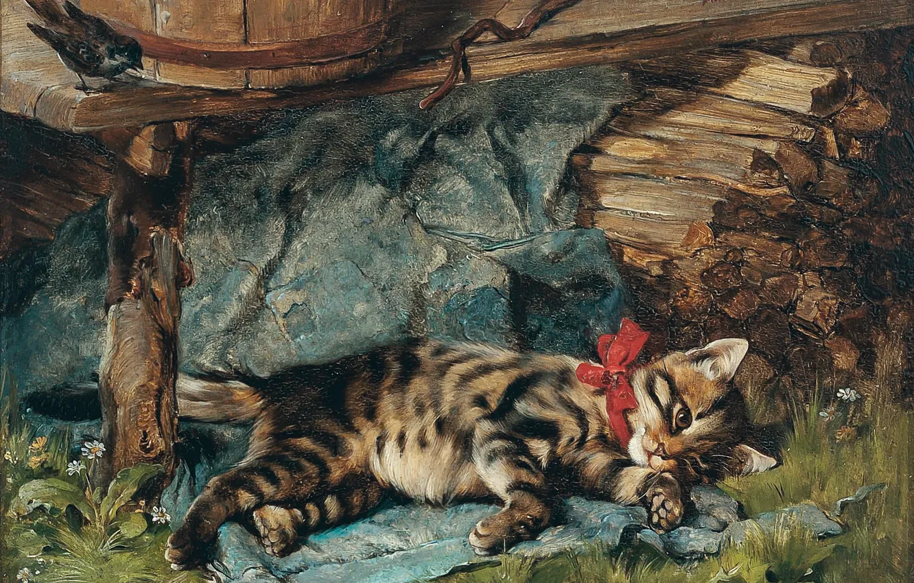 Photo wallpaper cat, picture, kitty, bow, Julius Adam, Julius Anton Adam, German artist, A small cat with …