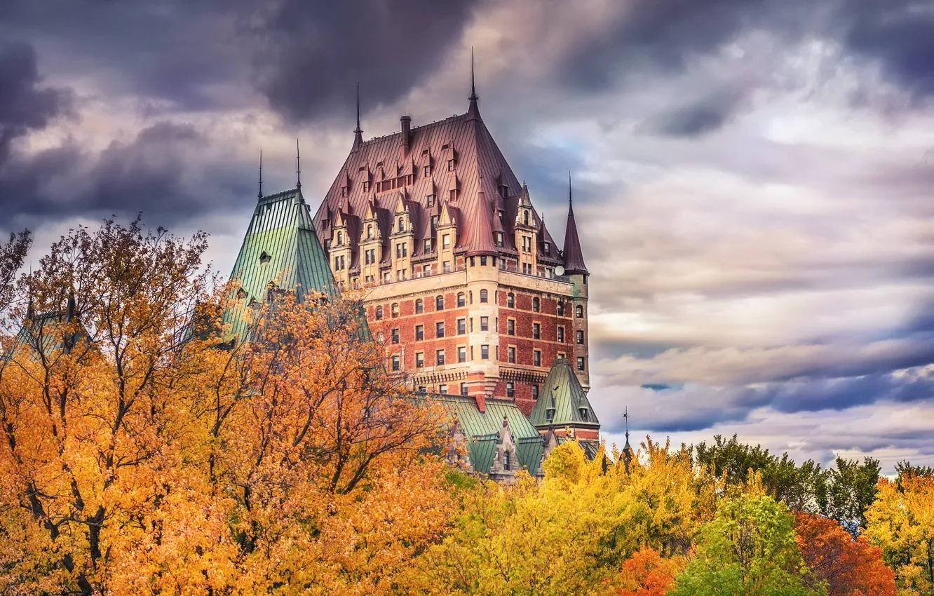 Photo wallpaper autumn, the sky, clouds, trees, the city, paint, Canada, QC