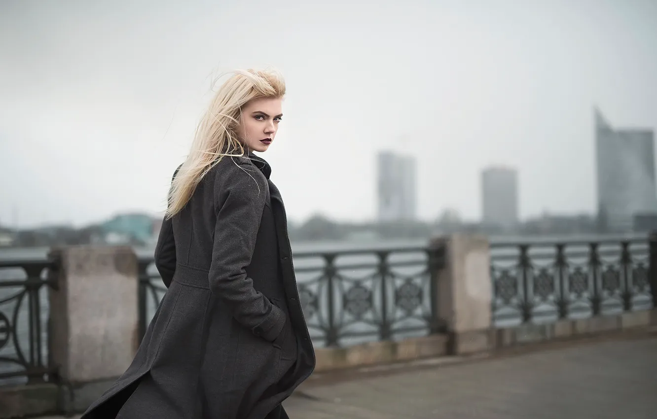 Photo wallpaper the city, rain, model, coat, gait, Riga, Latvia, Laura Savicka