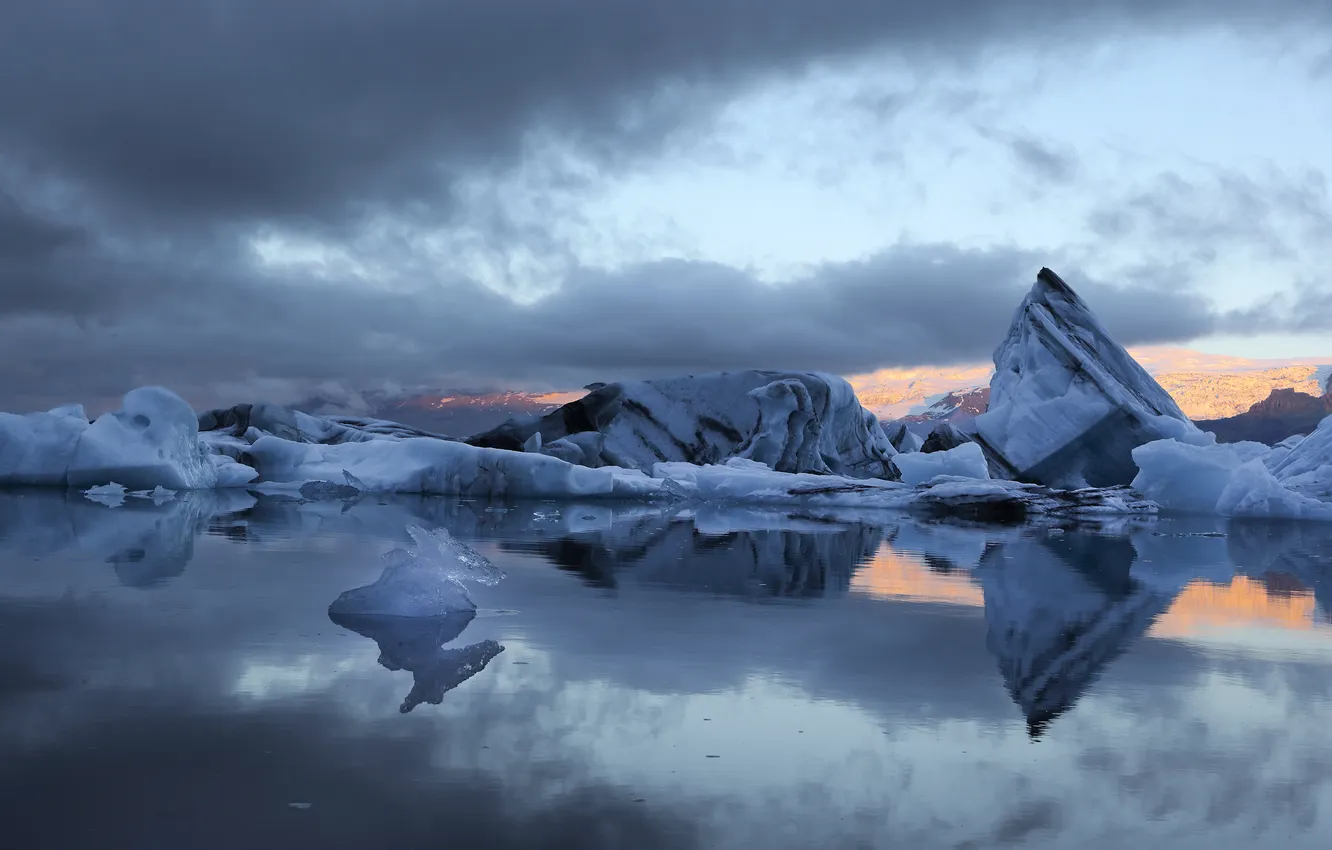 Photo wallpaper ice, winter, the sky, clouds, reflection, rocks, shore, glacier