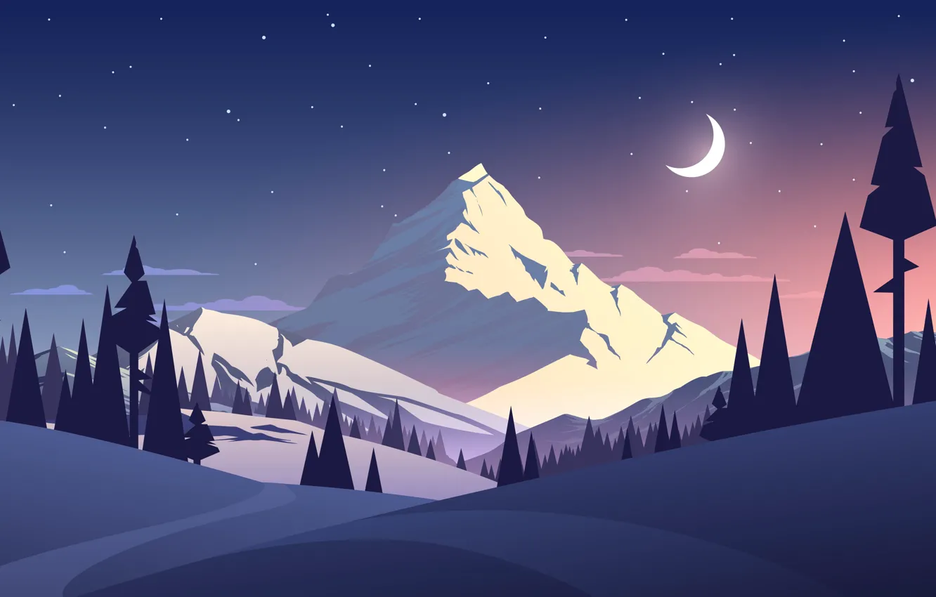 Photo wallpaper forest, the sky, stars, clouds, snow, landscape, mountains, night
