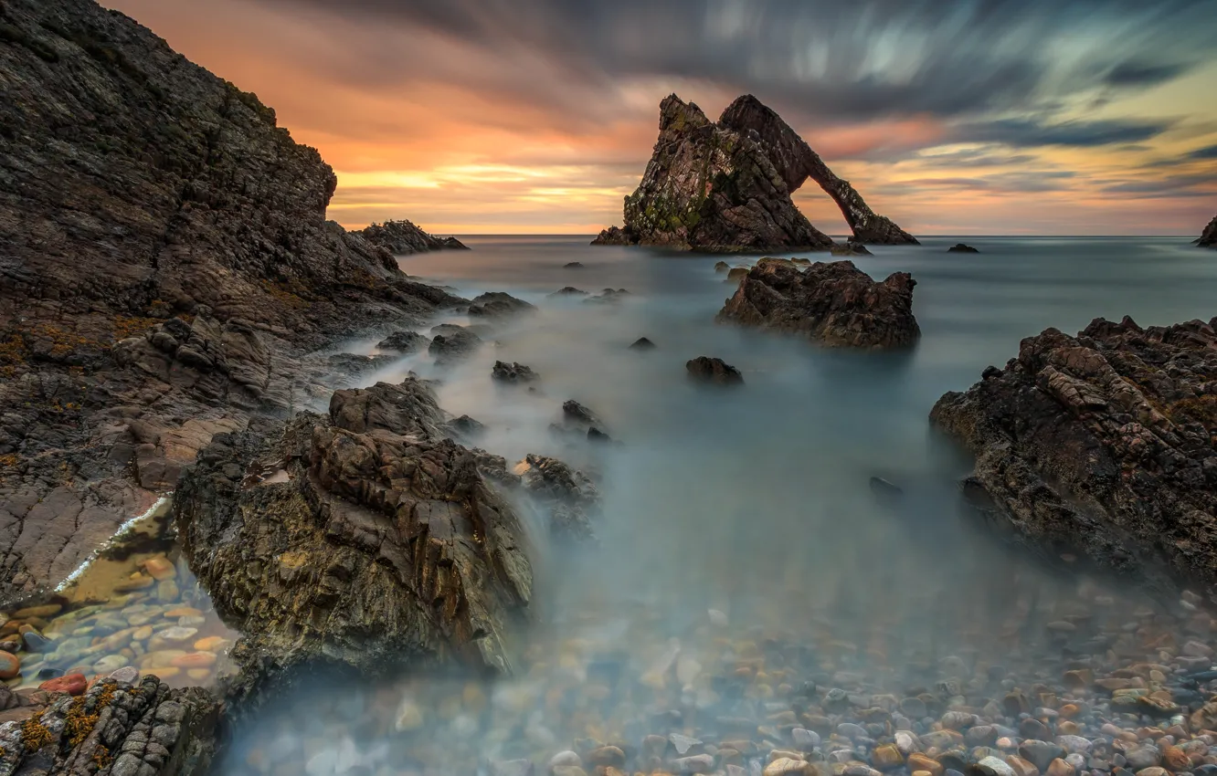 Photo wallpaper sea, the sky, clouds, stones, rocks, shore, the evening, morning